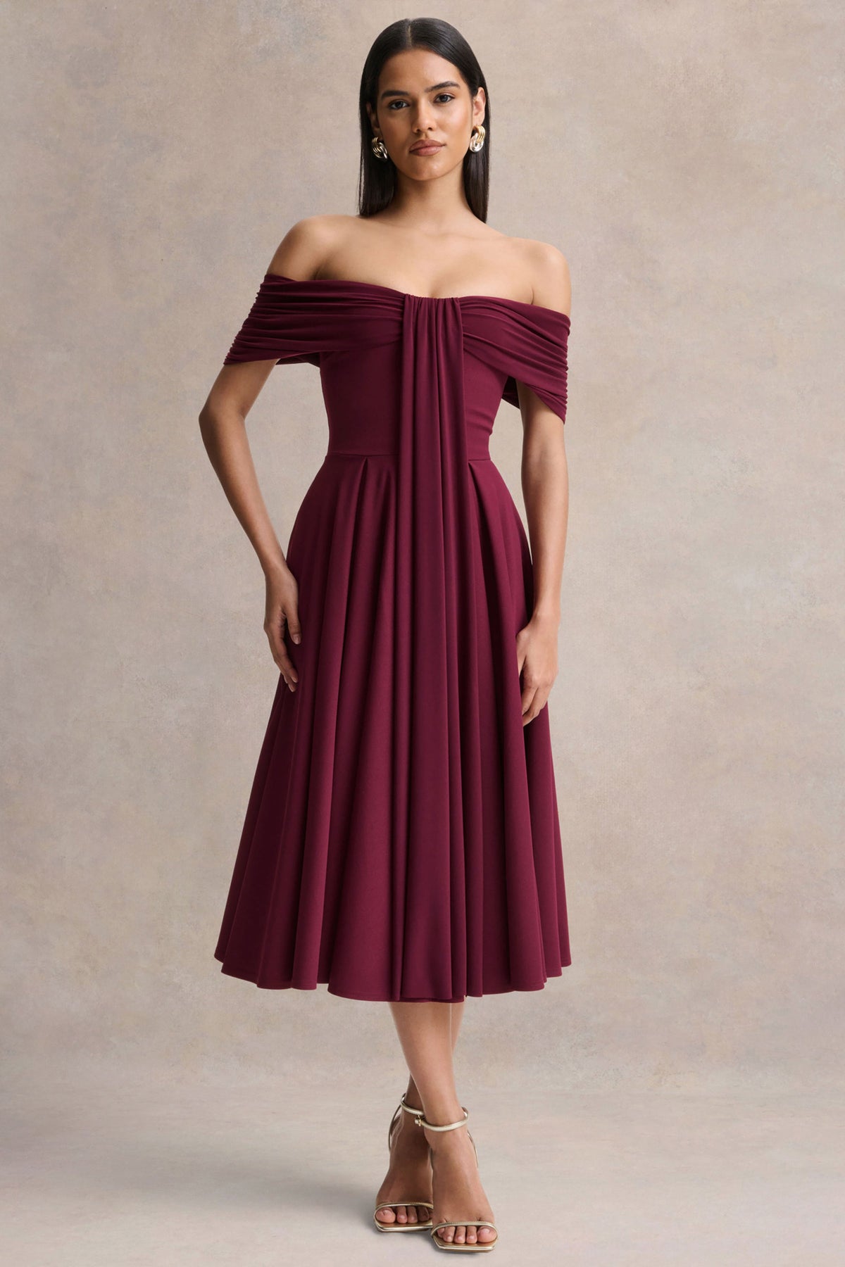 Dearest | Vestido Midi Burdeos con Escote Bardot