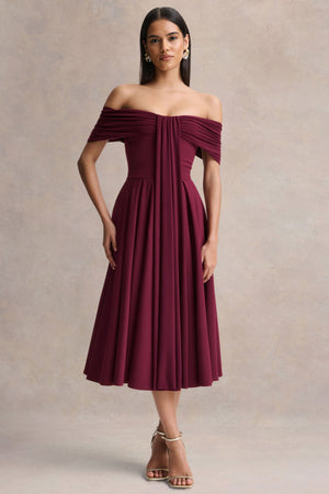 Dearest | Vestido Midi Burdeos con Escote Bardot