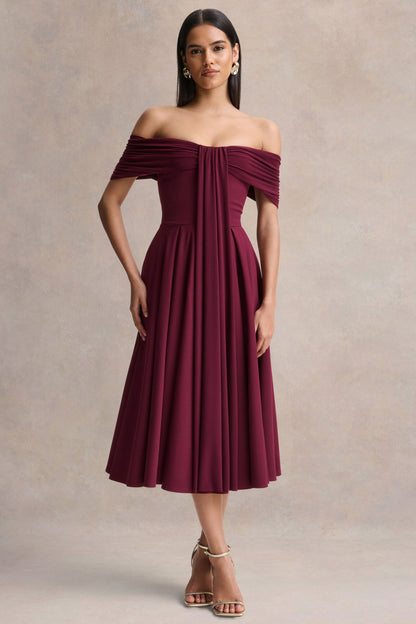 Dearest | Vestido Midi Burdeos con Escote Bardot