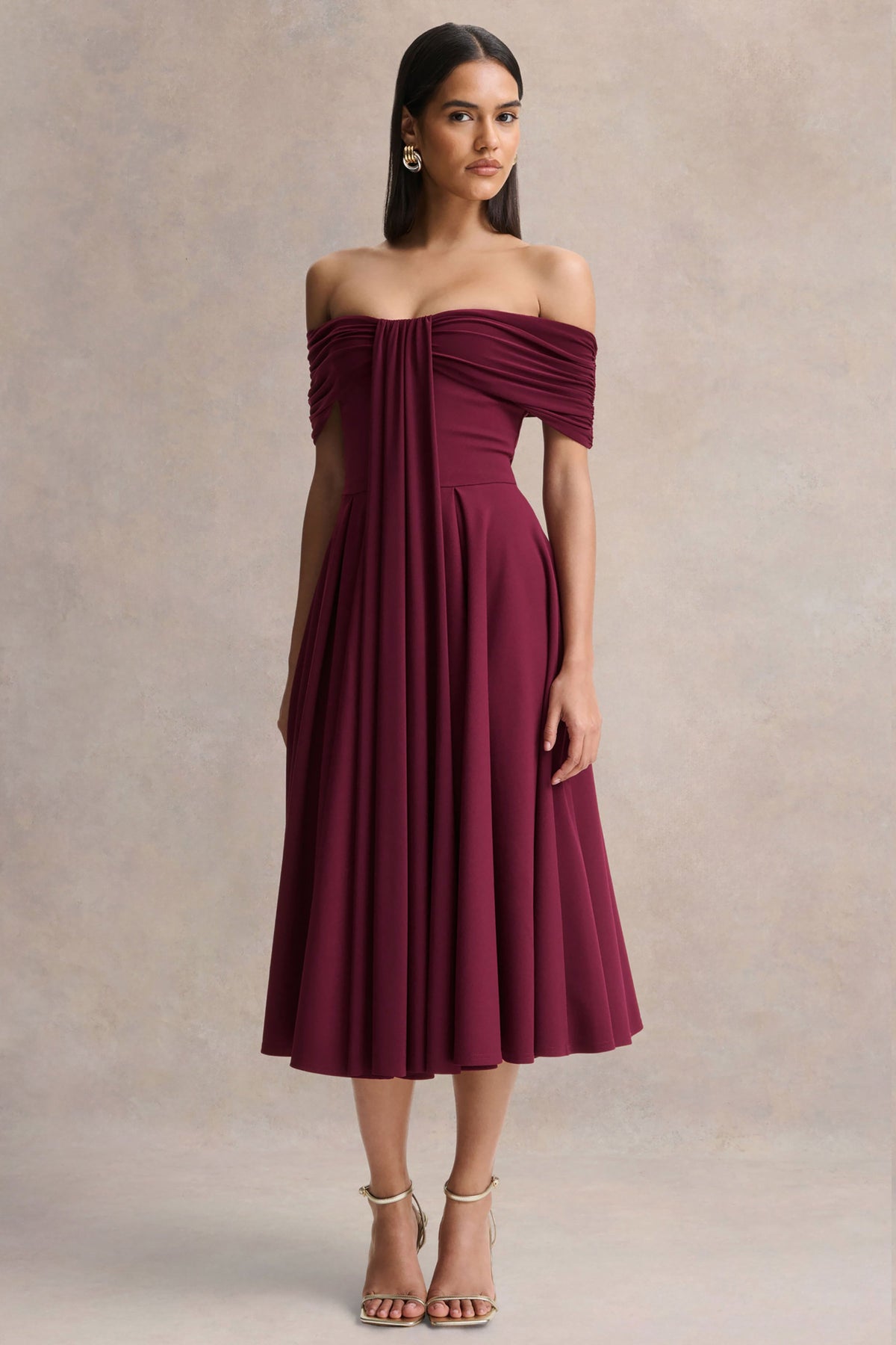 Dearest | Vestido Midi Burdeos con Escote Bardot