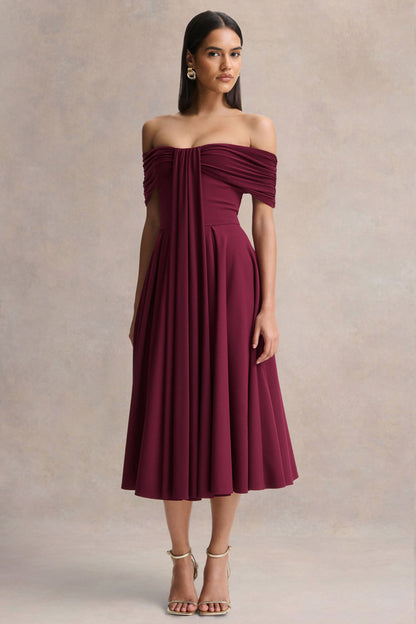 Dearest | Vestido Midi Burdeos con Escote Bardot
