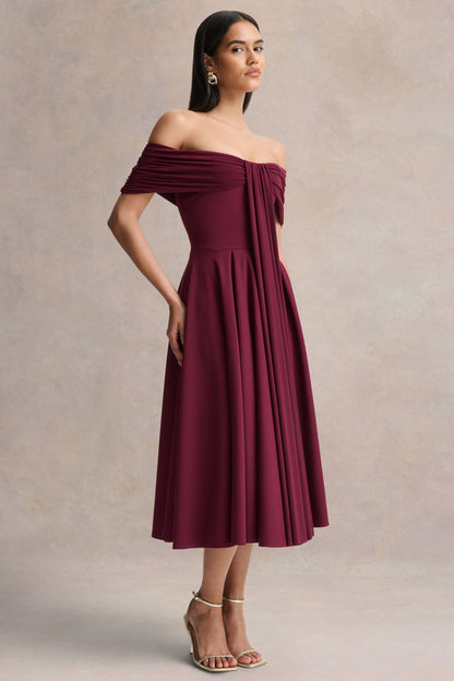 Dearest | Vestido Midi Burdeos con Escote Bardot