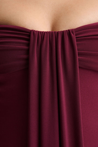 Dearest | Vestido Midi Burdeos con Escote Bardot