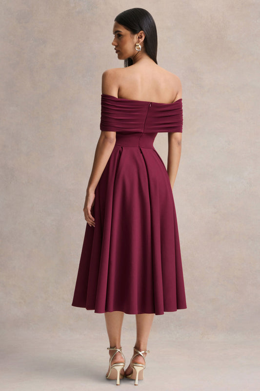Dearest | Vestido Midi Burdeos con Escote Bardot