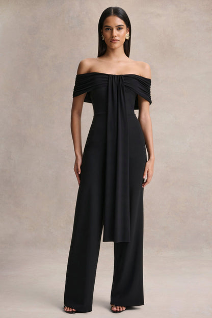 Kalida | Mono negro de cuello Bardot con Detalle de banda colgante