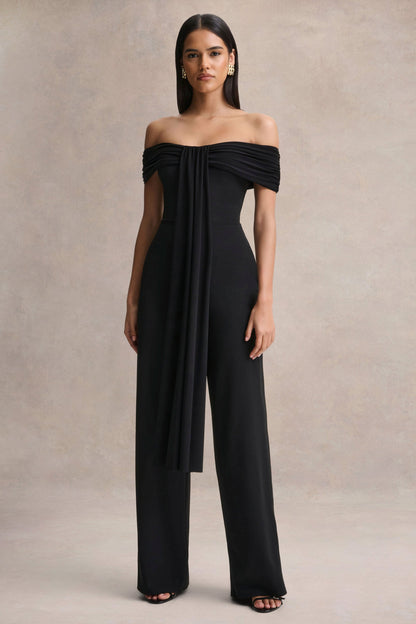 Kalida | Mono negro de cuello Bardot con Detalle de banda colgante