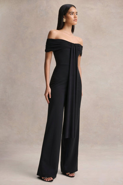 Kalida | Mono negro de cuello Bardot con Detalle de banda colgante