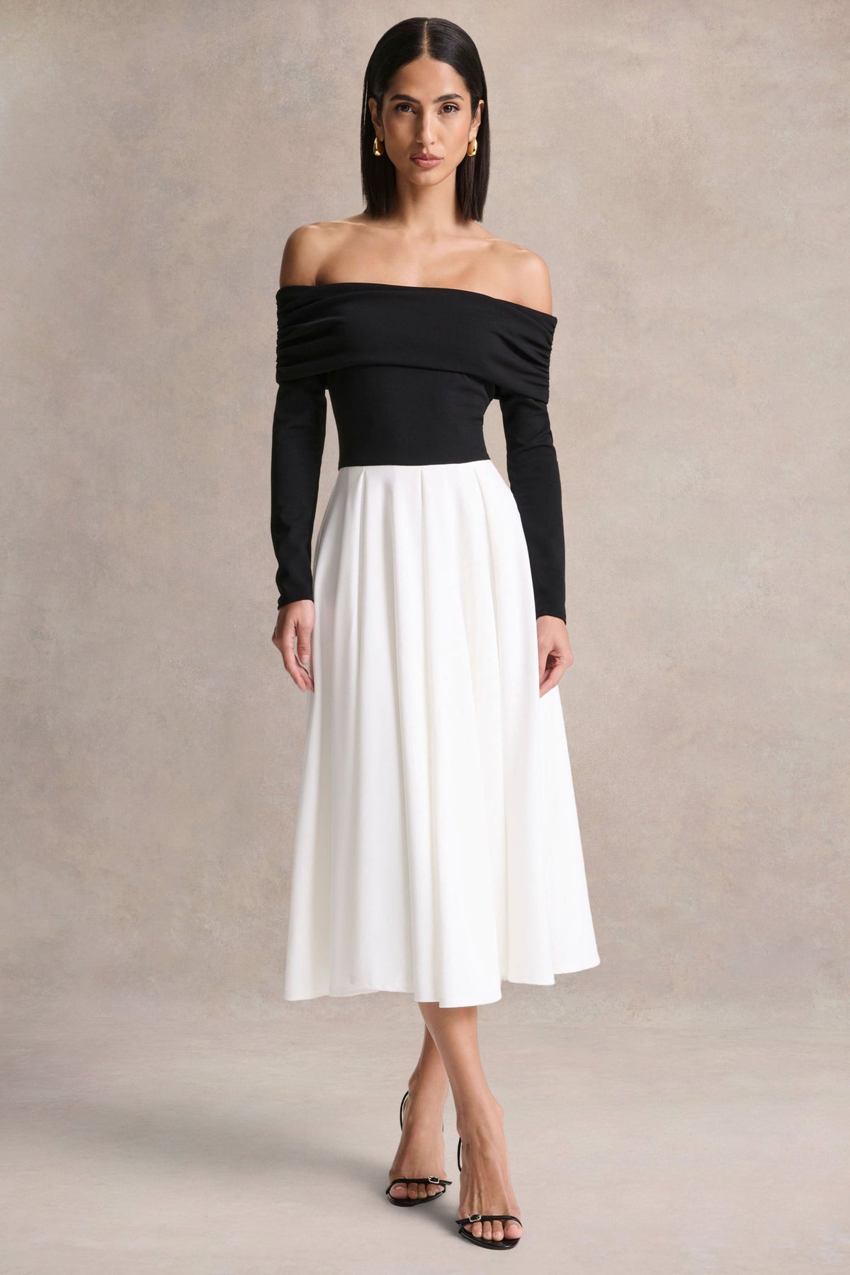 Frederica | Vestido Midi Negro y Blanco con Escote Bardot