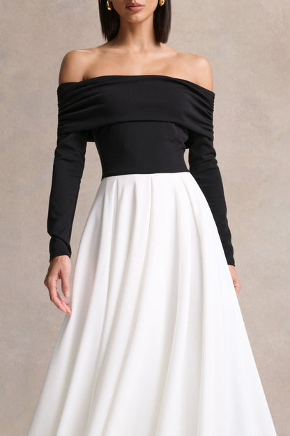 Frederica | Vestido Midi Negro y Blanco con Escote Bardot