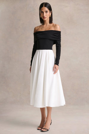 Frederica | Vestido Midi Negro y Blanco con Escote Bardot