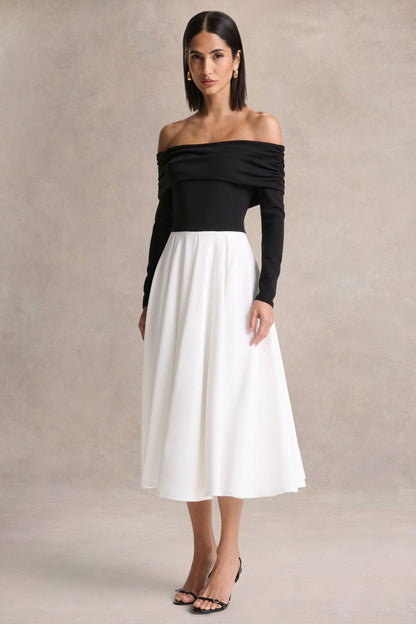 Frederica | Vestido Midi Negro y Blanco con Escote Bardot