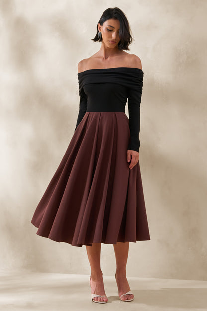 Frederica | Vestido Midi Negro y Marrón con Escote Bardot