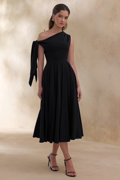 Daring | Vestido midi negro con escote asimétrico y detalle de nudo