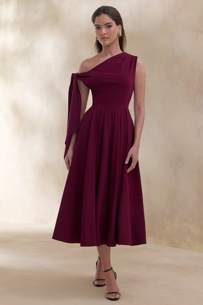 Daring | Vestido midi burdeos con escote asimétrico y detalle de nudo