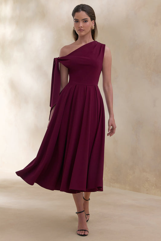 Daring | Vestido midi burdeos con escote asimétrico y detalle de nudo