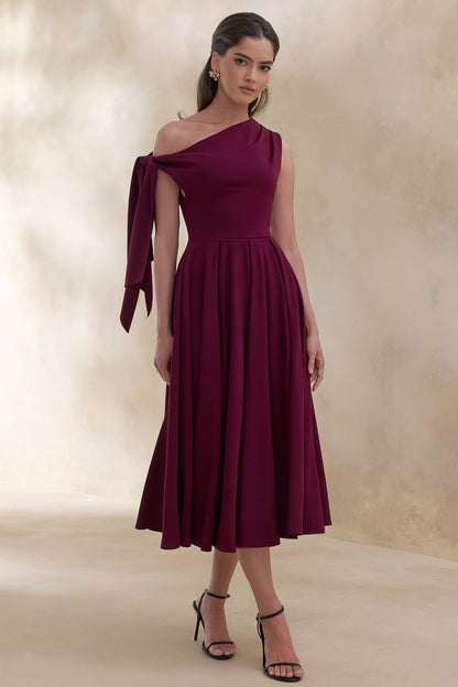 Daring | Vestido midi burdeos con escote asimétrico y detalle de nudo