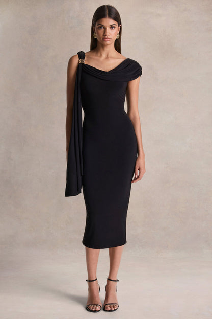 Mirelda | Vestido midi negro de cuello asimétrico con detalle dorado
