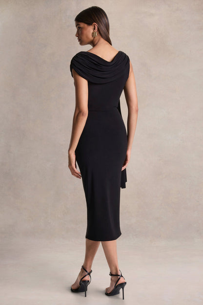 Mirelda | Vestido midi negro de cuello asimétrico con detalle dorado