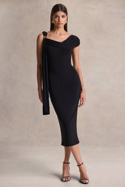 Mirelda | Vestido midi negro de cuello asimétrico con detalle dorado