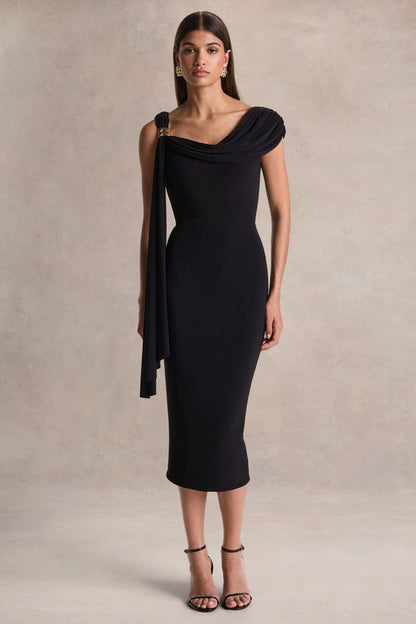 Mirelda | Vestido midi negro de cuello asimétrico con detalle dorado