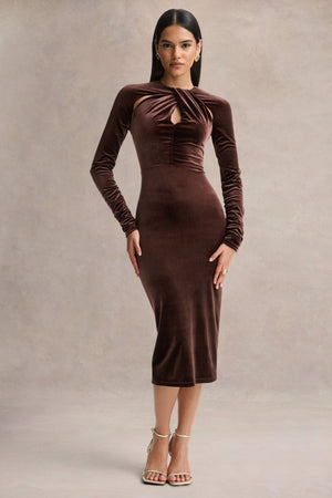 Francine | Vestido midi de terciopelo marrón con escote redondo y detalles recortados