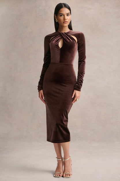 Francine | Vestido midi de terciopelo marrón con escote redondo y detalles recortados