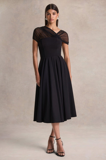 Rosette | Vestido Midi Negro de Cuello Asimétrico