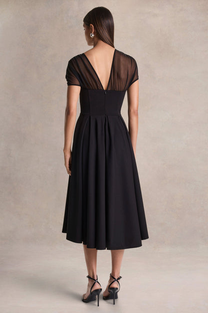 Rosette | Vestido Midi Negro de Cuello Asimétrico