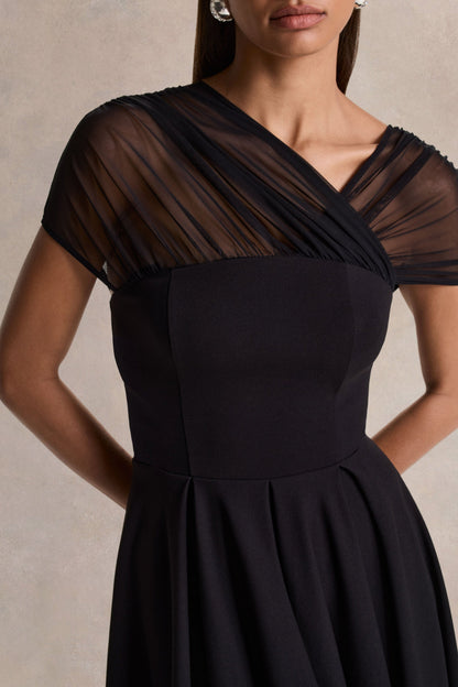 Rosette | Vestido Midi Negro de Cuello Asimétrico