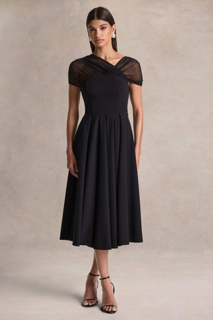 Rosette | Vestido Midi Negro de Cuello Asimétrico