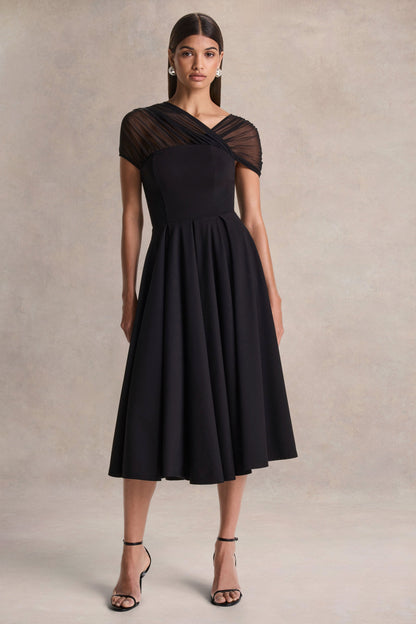 Rosette | Vestido Midi Negro de Cuello Asimétrico