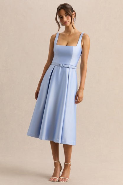 Crystaline | Vestido Midi Azul celeste de Satén con Escote Cuadrado