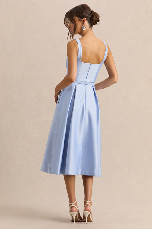 Crystaline | Vestido Midi Azul celeste de Satén con Escote Cuadrado