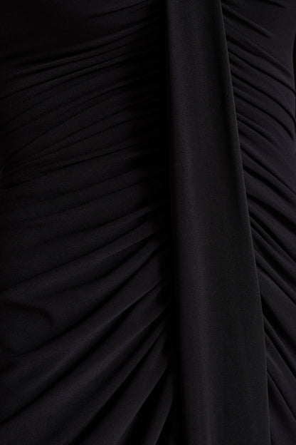 Rosetta | Vestido Midi Negro de Escote Corazón con Mangas Transparentes