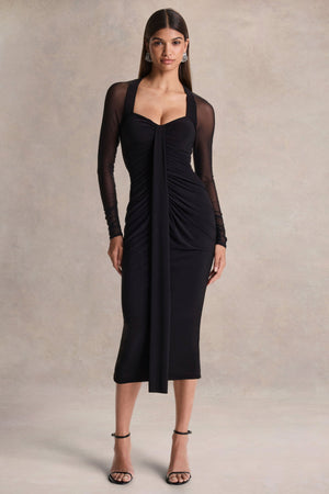 Rosetta | Vestido Midi Negro de Escote Corazón con Mangas Transparentes
