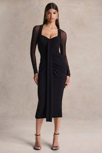 Rosetta | Vestido Midi Negro de Escote Corazón con Mangas Transparentes