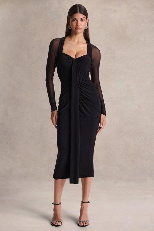 Rosetta | Vestido Midi Negro de Escote Corazón con Mangas Transparentes