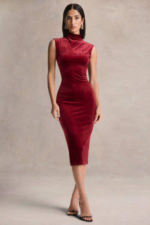 Nivina | Vestido Midi Rojo de Terciopelo con Cuello Alto Sin Manga