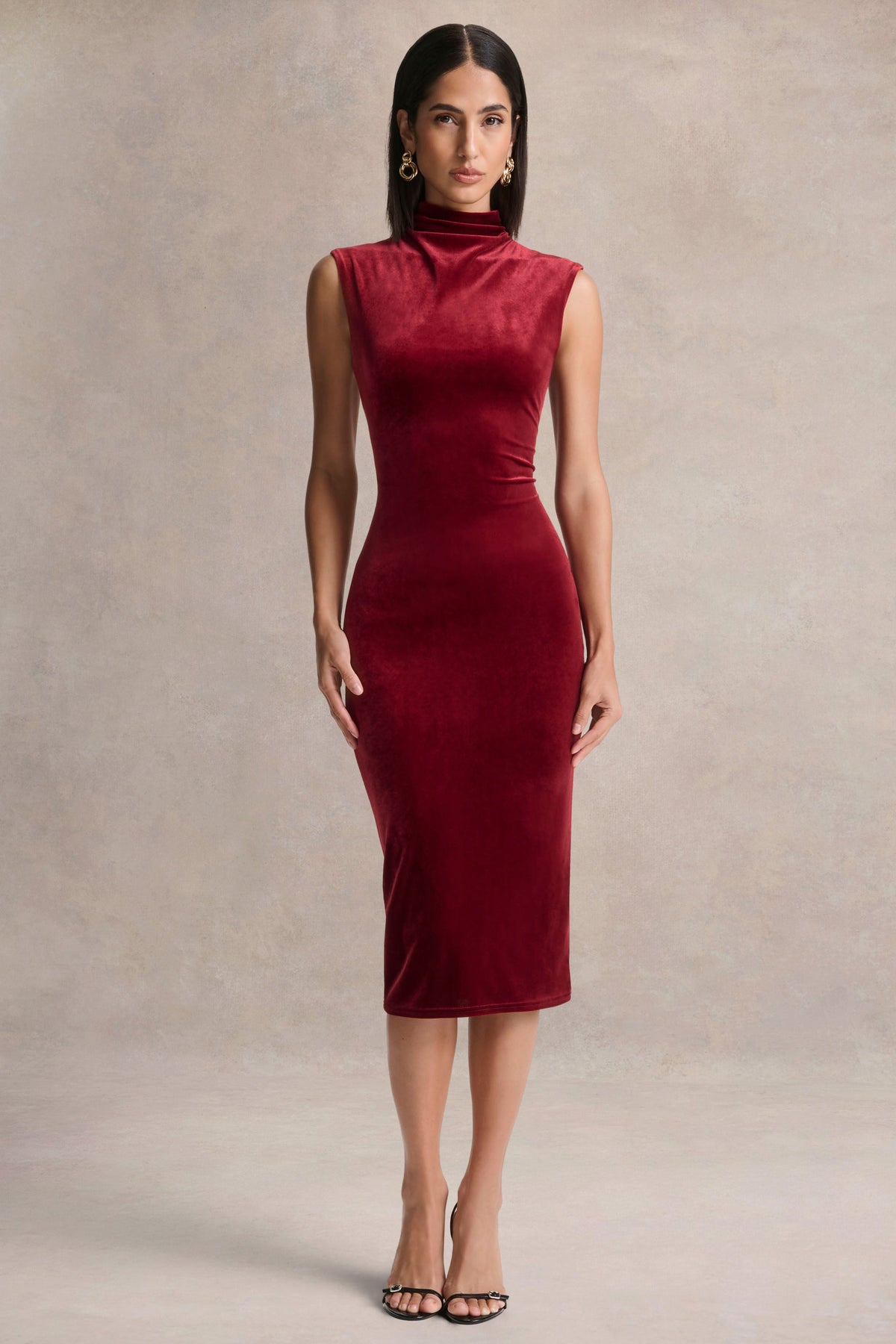 Nivina | Vestido Midi Rojo de Terciopelo con Cuello Alto Sin Manga