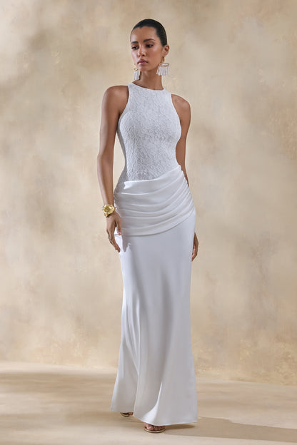Neria | Vestido largo de satén blanco de cuello alto con falda cruzada drapeada