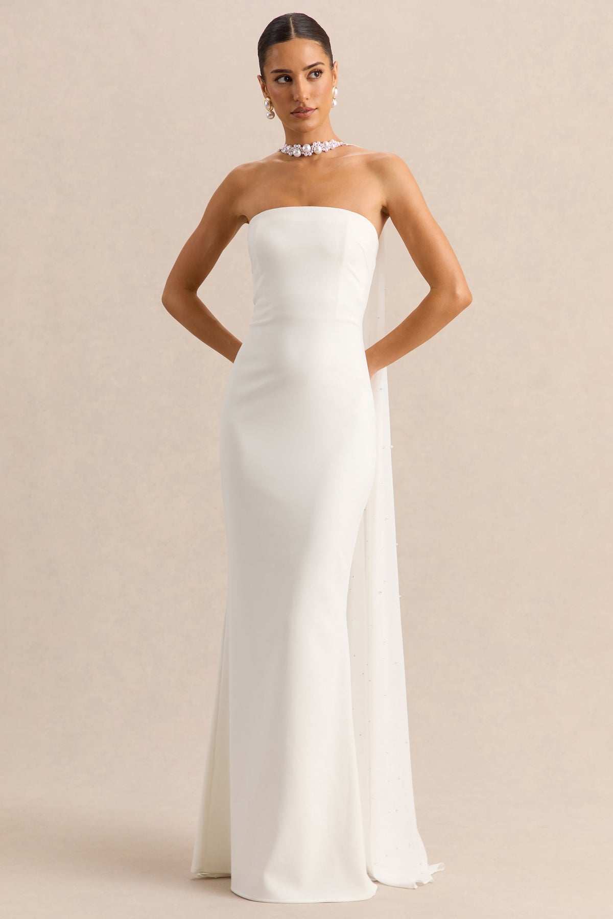 Alina | Vestido Largo Blanco Bandeau con Capa