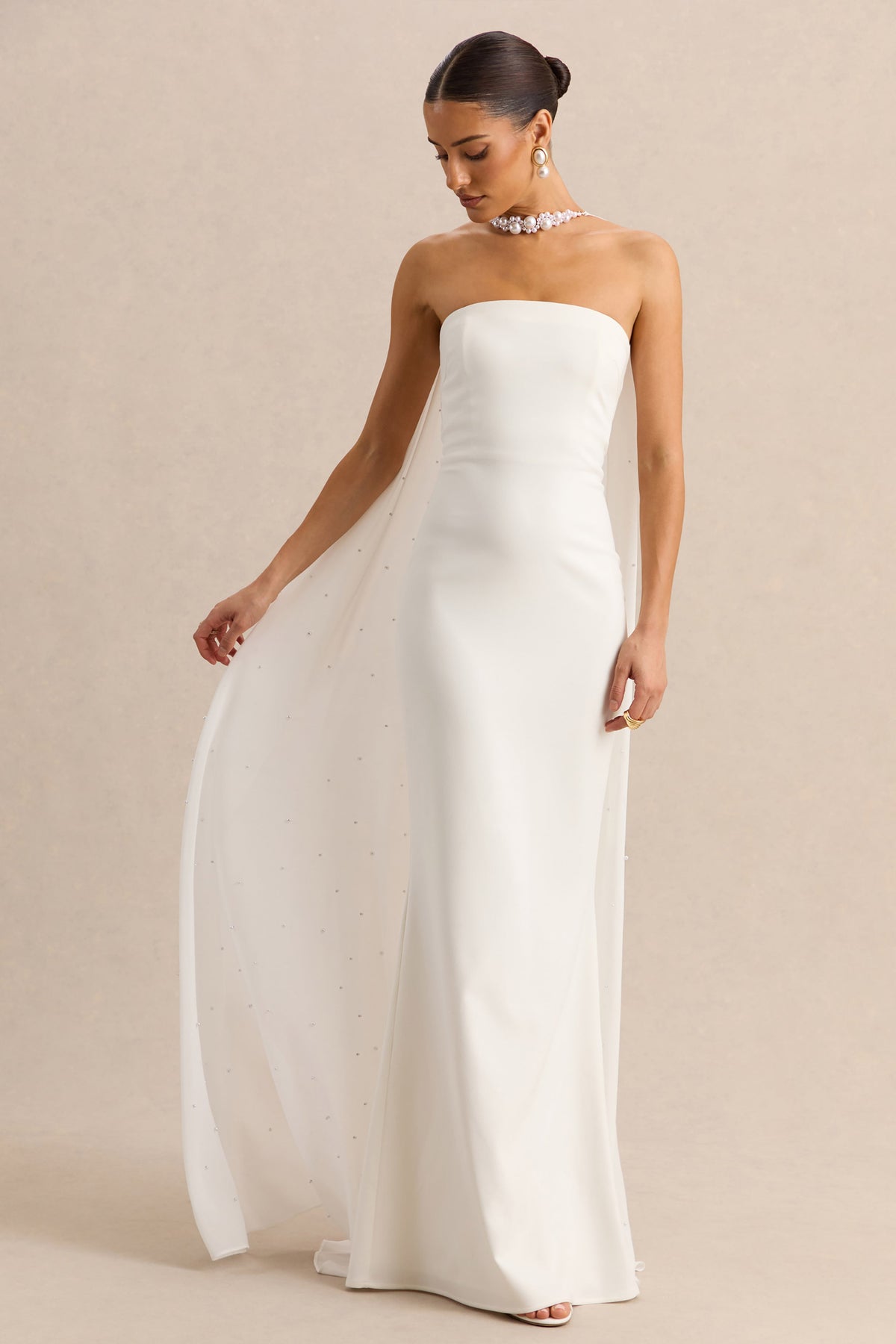 Alina | Vestido Largo Blanco Bandeau con Capa