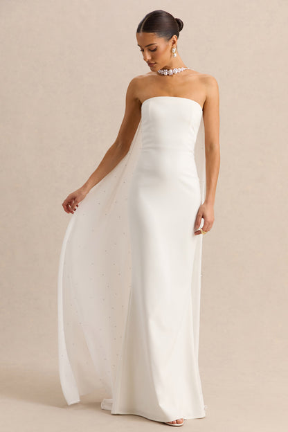 Alina | Vestido Largo Blanco Bandeau con Capa