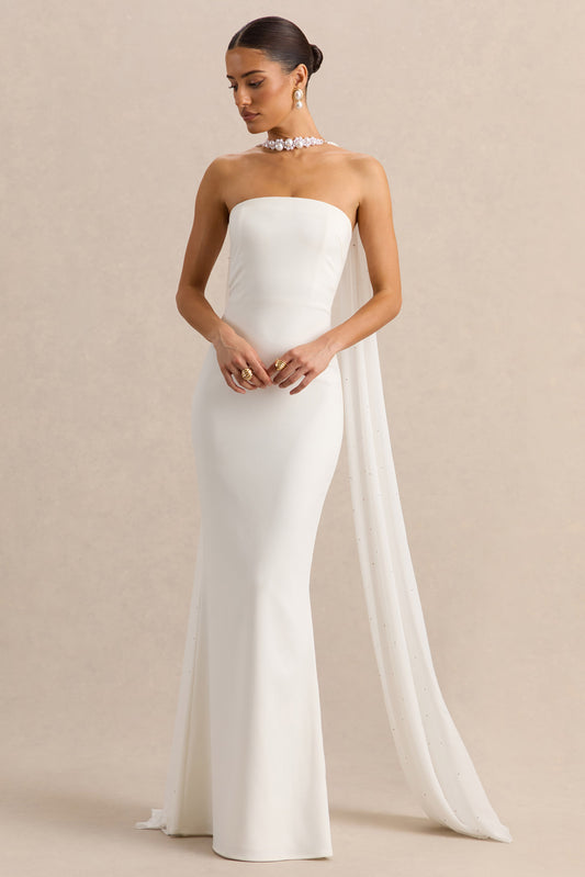 Alina | Vestido Largo Blanco Bandeau con Capa