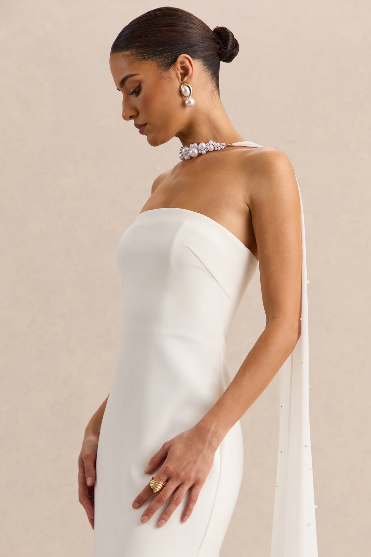 Alina | Vestido Largo Blanco Bandeau con Capa