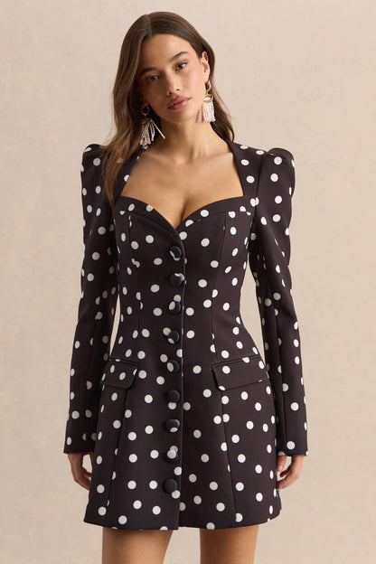 Carmen | Vestido Corto De Crepé Negro Y Blanco Con Lunares Y Escote Corazón