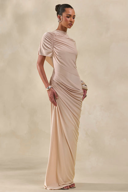 Lunaline | Vestido Largo champán de cuello alto con capa asimétrica y detalle drapeado