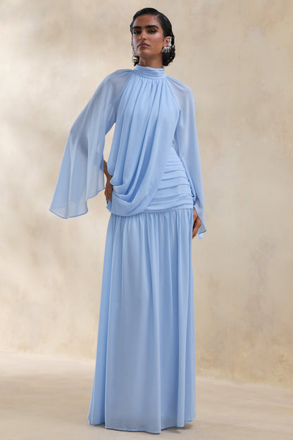 Narella | Vestido Largo De Gasa Azul Con Escote Alto Y Detalle Drapeado