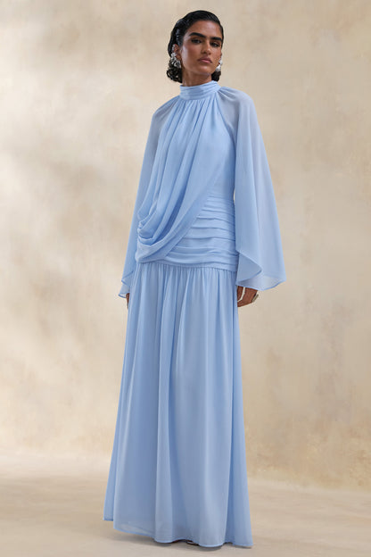 Narella | Vestido Largo De Gasa Azul Con Escote Alto Y Detalle Drapeado