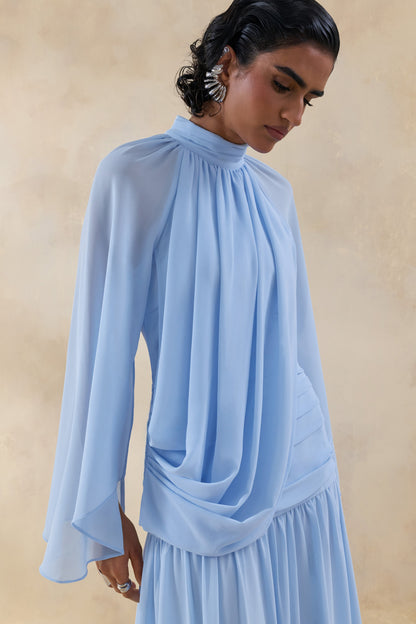 Narella | Vestido Largo De Gasa Azul Con Escote Alto Y Detalle Drapeado